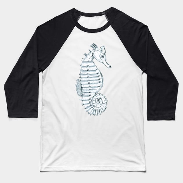 Pencil Sketch of a Seahorse on Pale Blue Baseball T-Shirt by WaterGardens